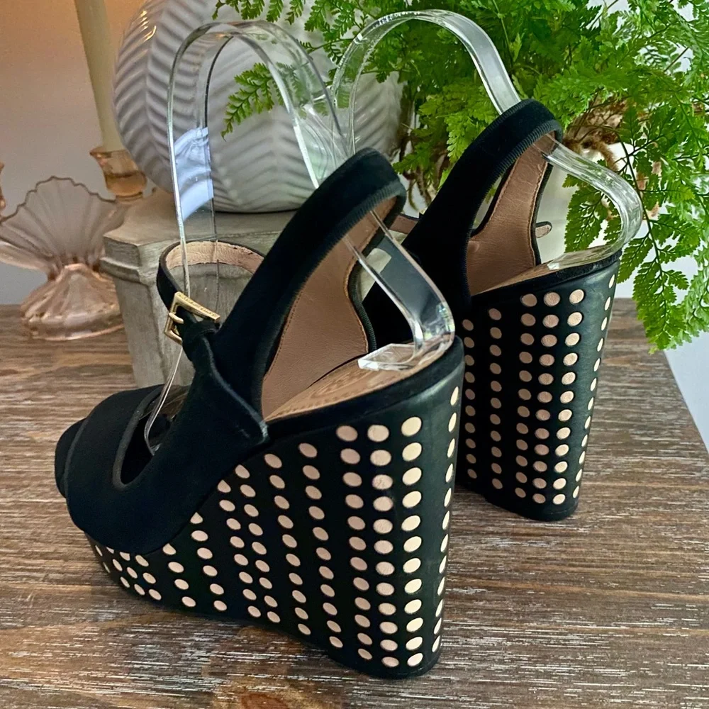 Tory Burch Ollie Black Suede Platform Wedge Slingback Heel Sandals Womens 8 M‎